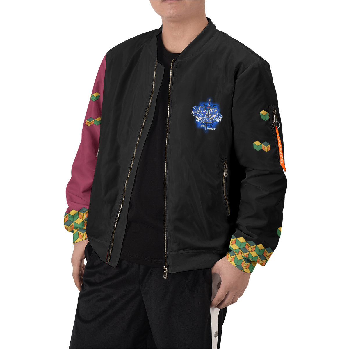 BomberJacketIHashiraGiyuStwear-07-boymodelfront BomberJacketIHashiraGiyuStwear 07 boymodelfront - Gear Anime