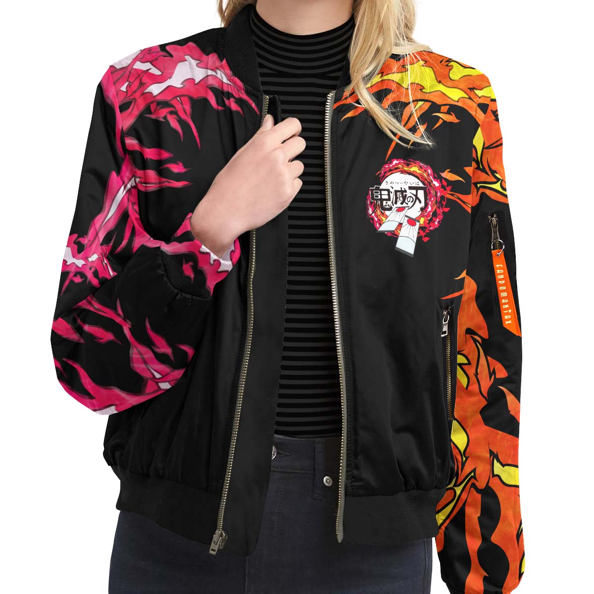 BomberJacketIYinYangTanjiroNezuko-09-girlmodelfront BomberJacketIYinYangTanjiroNezuko 09 girlmodelfront - Gear Anime
