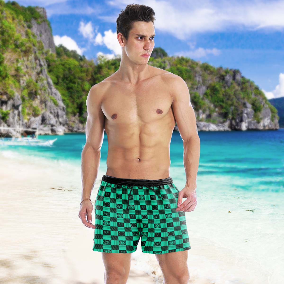 tanjiro-plaid-beach-shorts-558203 tanjiro plaid beach shorts 558203 - Gear Anime